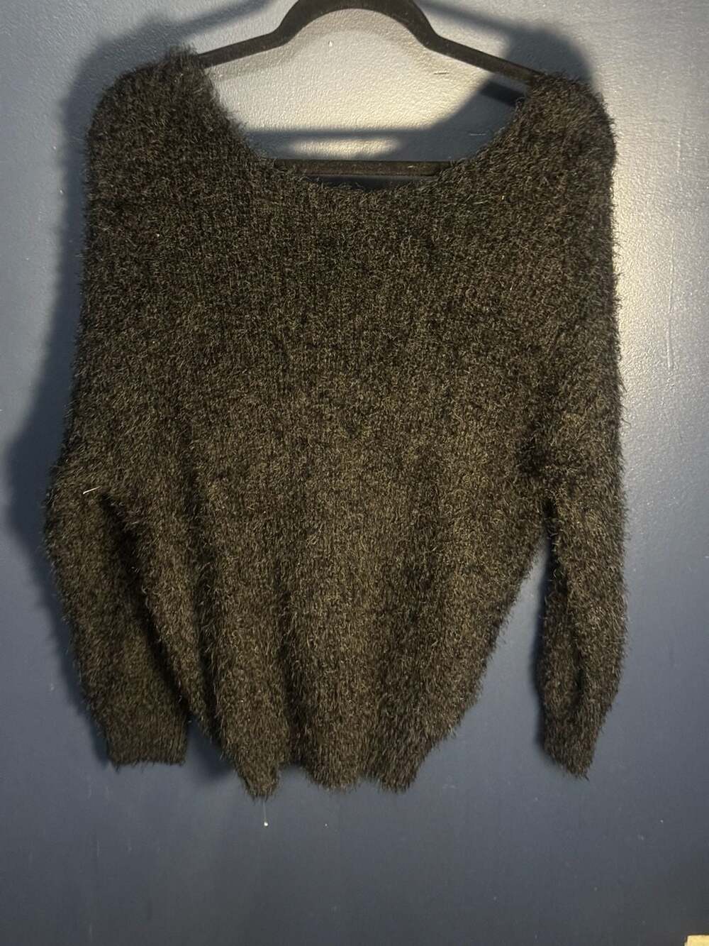 Made with Love by FCT Black Fuzzy Eyelash Knit Twist Back Long Sleeve Sweater